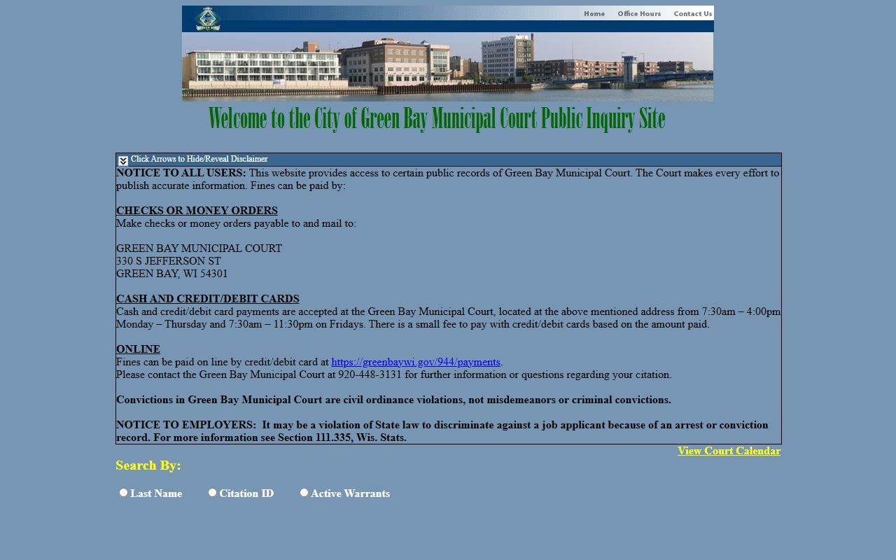 Green Bay Municipal Court warrant records page