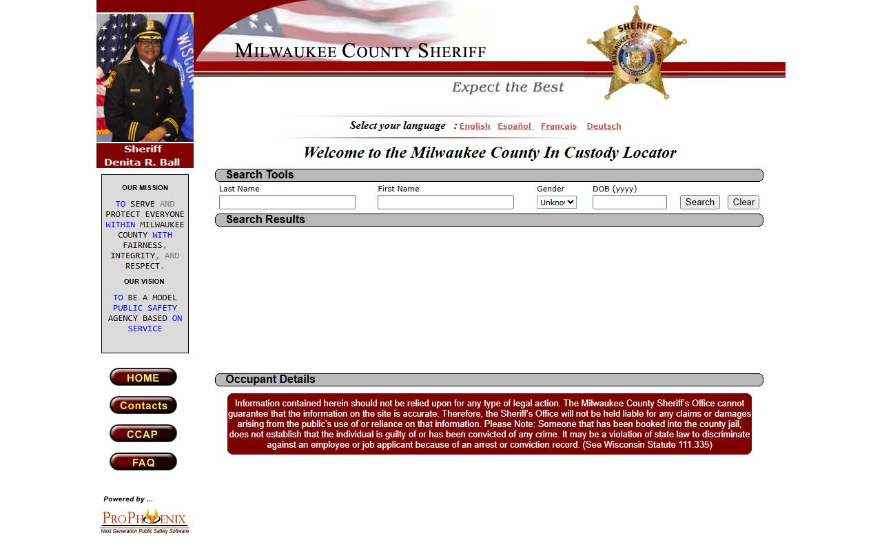 Milwaukee County inmate search page for warrant records