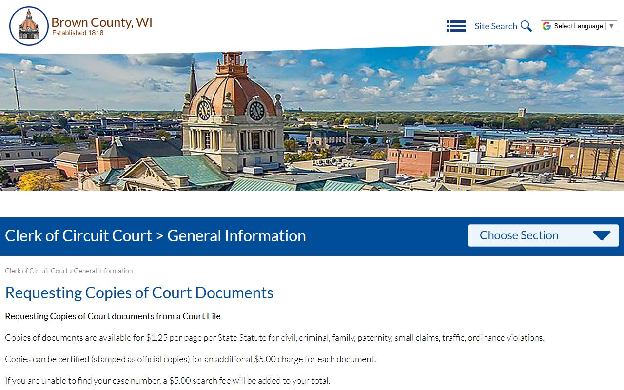 Brown County Clerk of Circuit Court page for Warrant Records and court copies