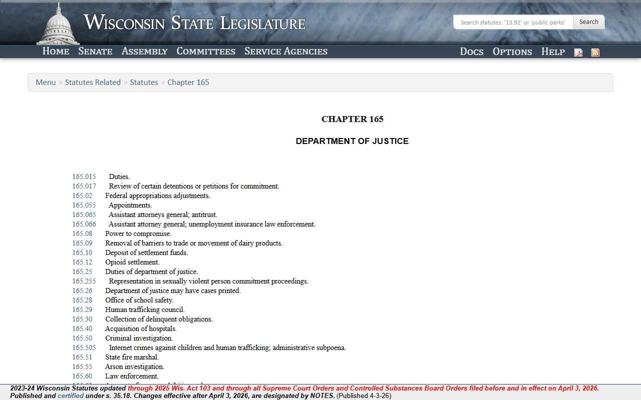 Wisconsin Chapter 165 statutes tied to Warrant Records systems