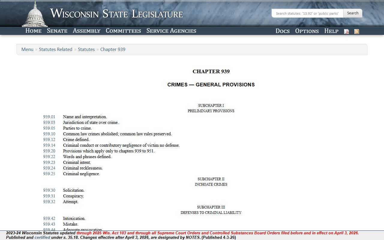 Wisconsin Chapter 939 classifications for Warrant Records