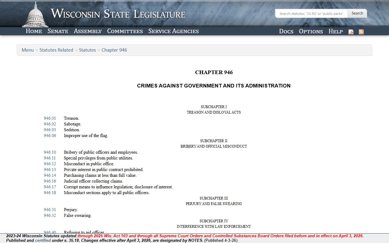 Wisconsin Chapter 946 offenses linked to Warrant Records