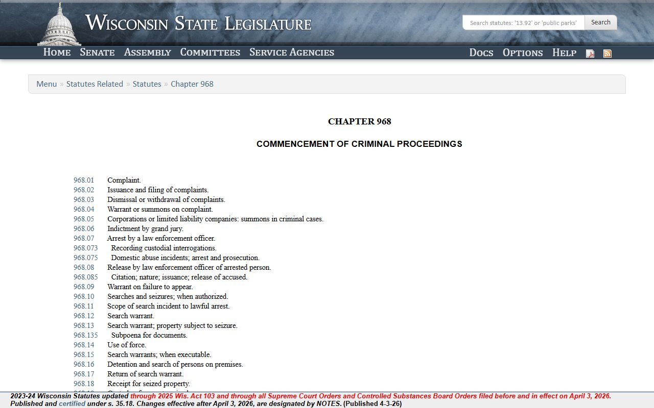 Wisconsin Chapter 968 for Warrant Records procedure