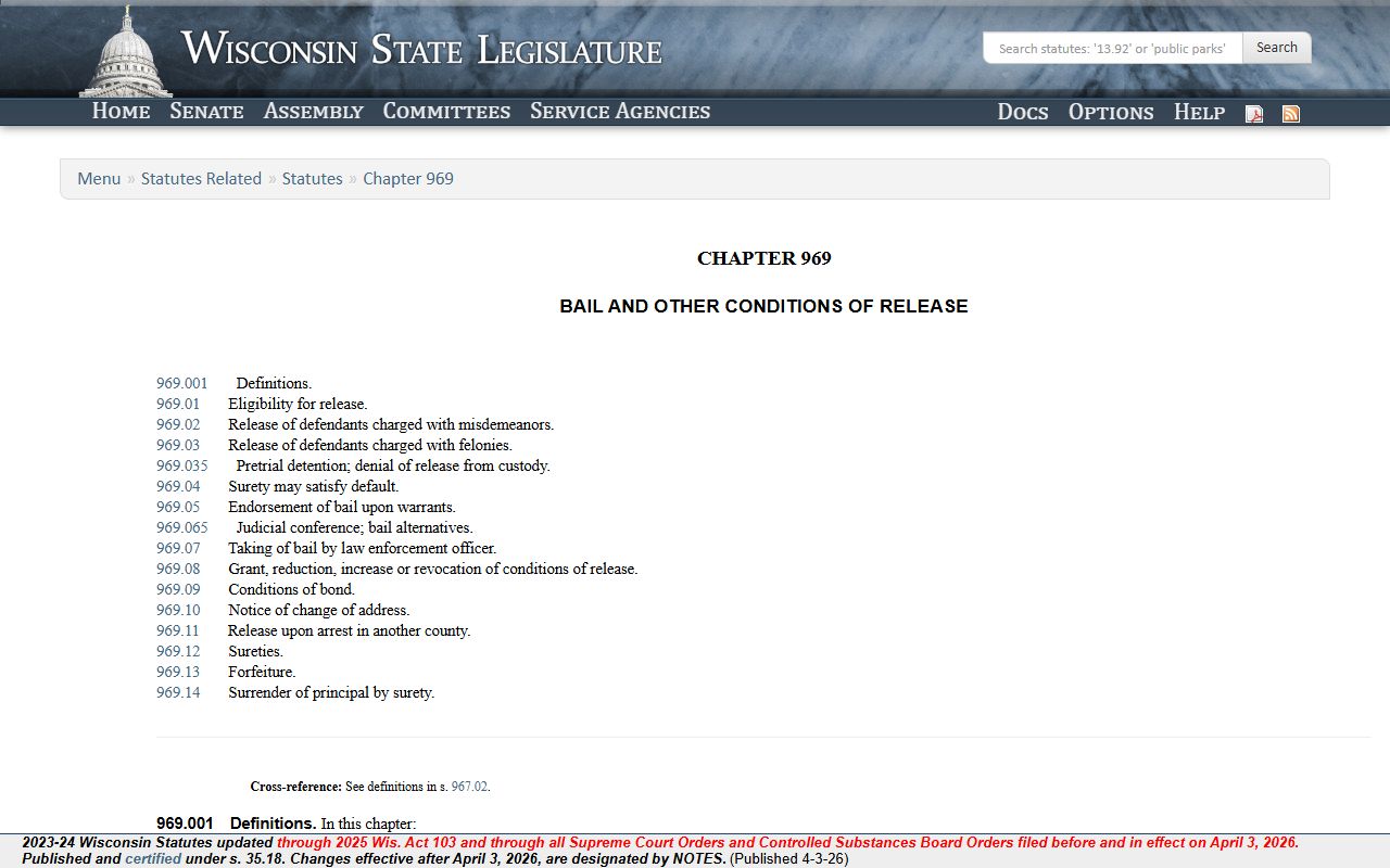 Wisconsin Chapter 969 bail rules affecting Warrant Records